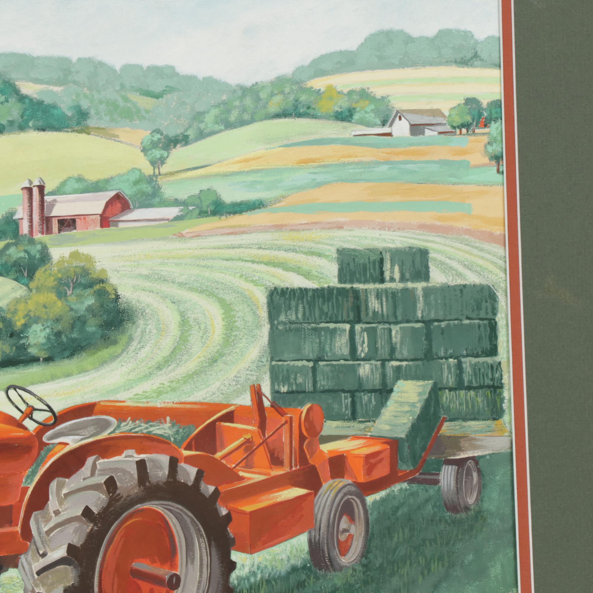 1950's Style Farm Scene Gouache Illustration Painting
