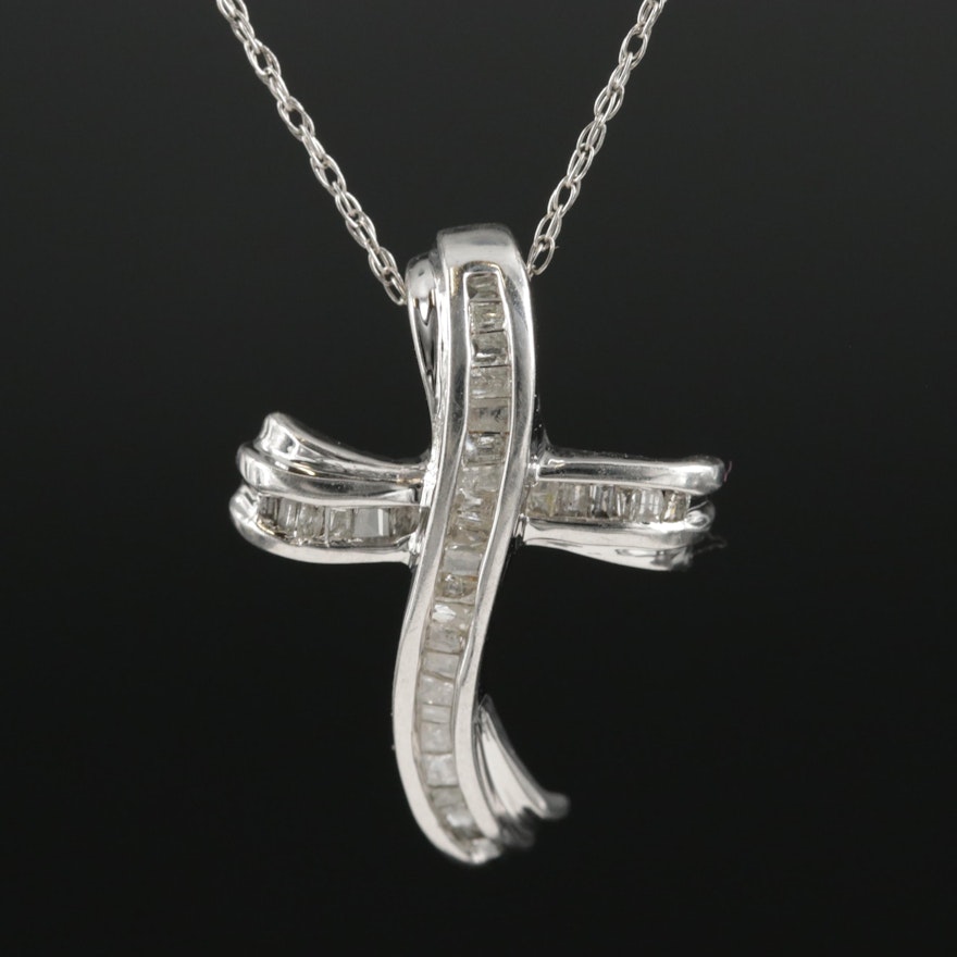 10K White Gold Diamond Cross Pendant Necklace