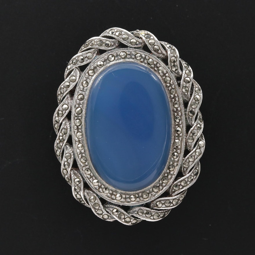 Vintage Sterling Silver Chalcedony and Marcasite Brooch