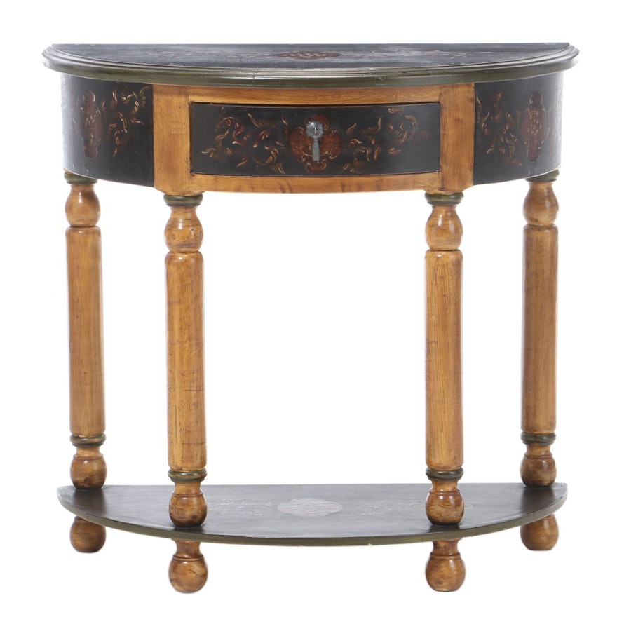 Artisan Decorated Half-Round Side Table, Late 20th Century