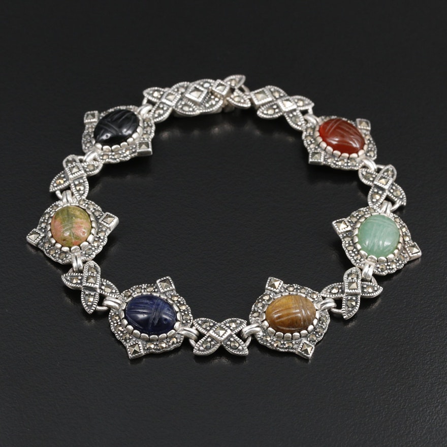 Sterling Silver Unakite, Sodalite and Aventurine Scarab Bracelet