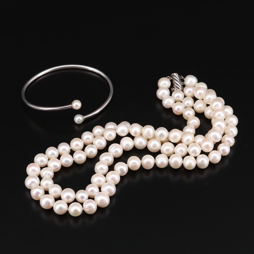 Sterling Silver Cultured Pearl Strand Necklace and Bypass Bracelet