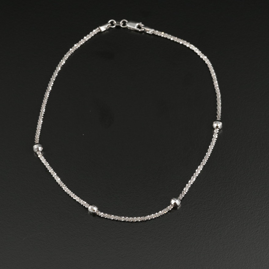 14K White Gold Sparkle Chain Anklet with Faceted Bead Stations