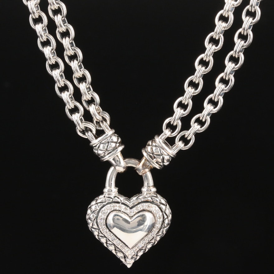 Scott Kay Sterling Silver Diamond Heart Pendant Necklace Featuring Rolo Chain
