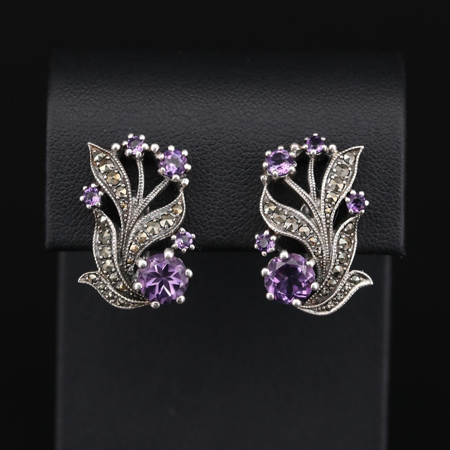 Sterling Silver Amethyst and Marcasite Floral Earrings