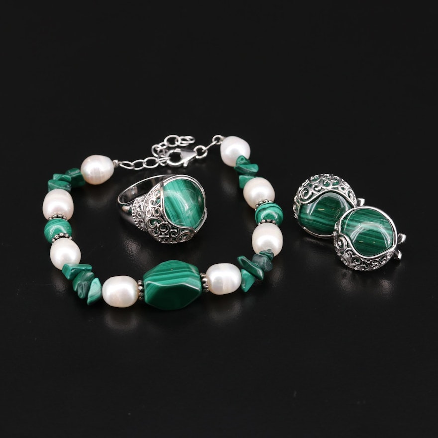 Sterling Silver Malachite and Cultured Pearl Bracelet, Earrings and Ring Set