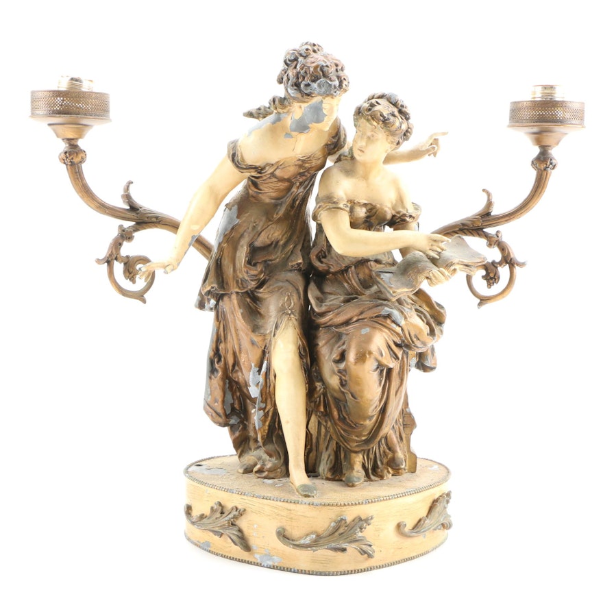 French Cast Metal Figural Lamp With Painted Satin Finish, Late 19th Century