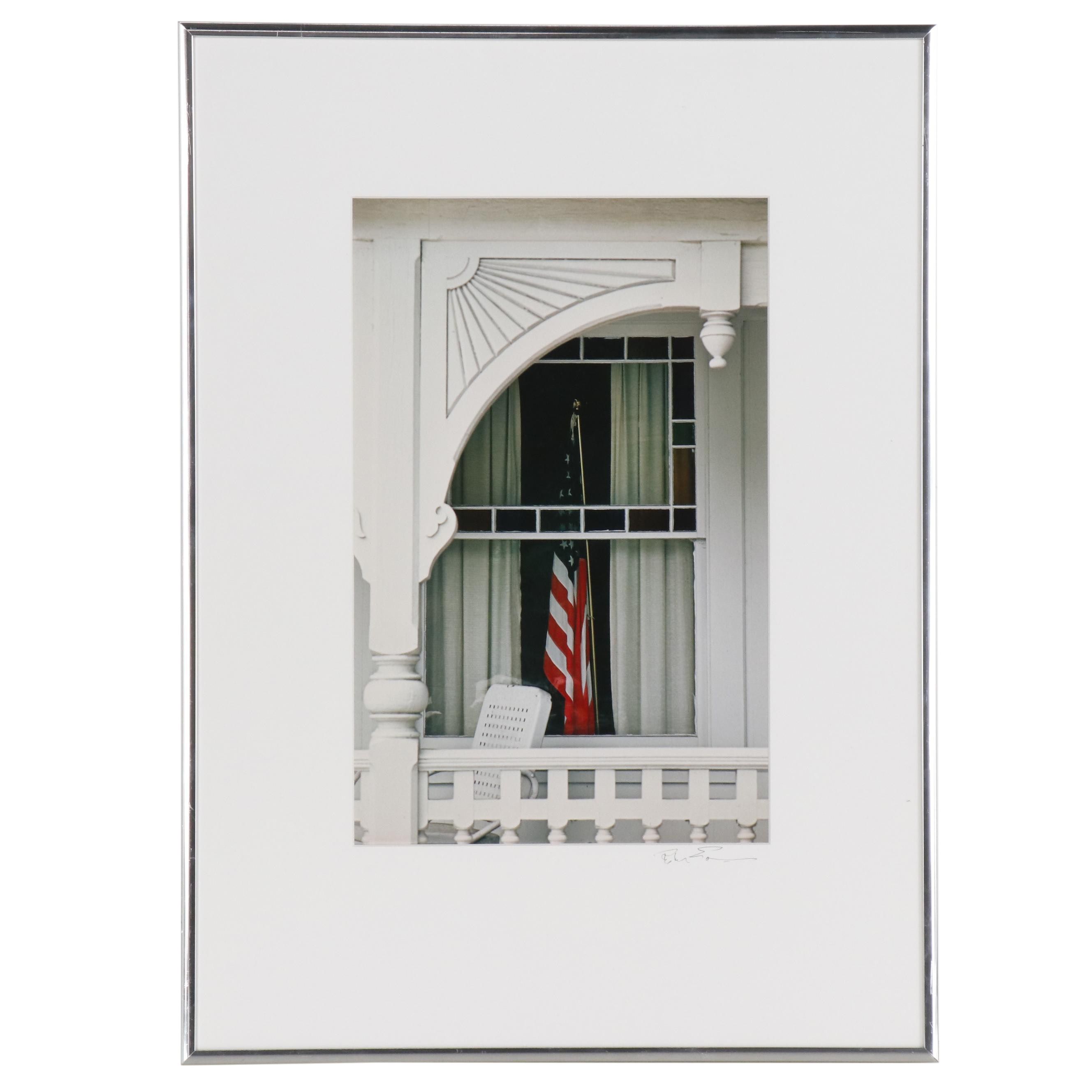 Color Photograph of Americn Flag in Window