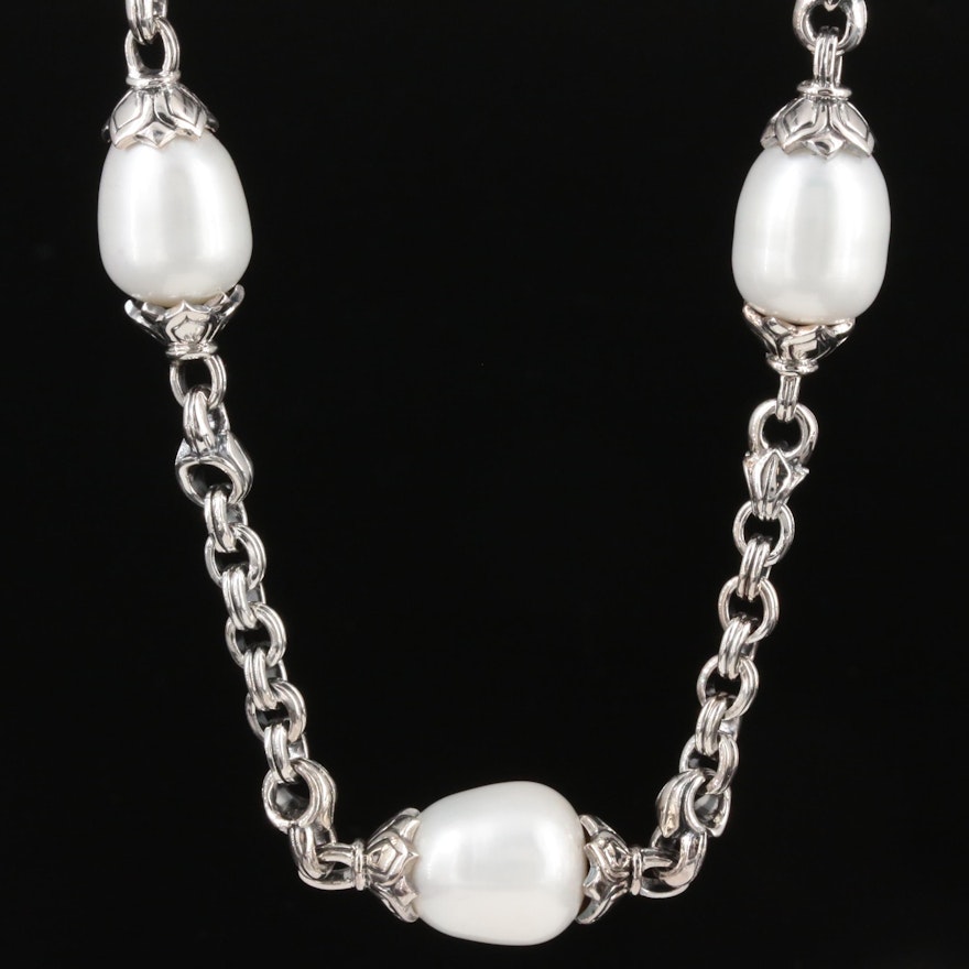 Scott Kay Sterling Silver Rolo Chain Necklace with Pearl Stations