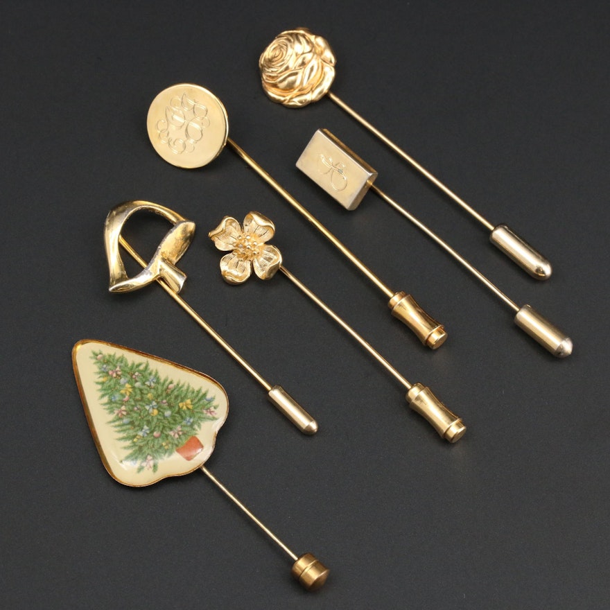 Vintage Stick Pin Selection Including Crown Trifari Flower and Resin Accents