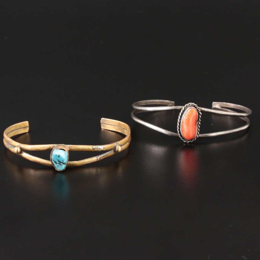 Sterling Silver Turquoise and Coral Cuff Bracelets