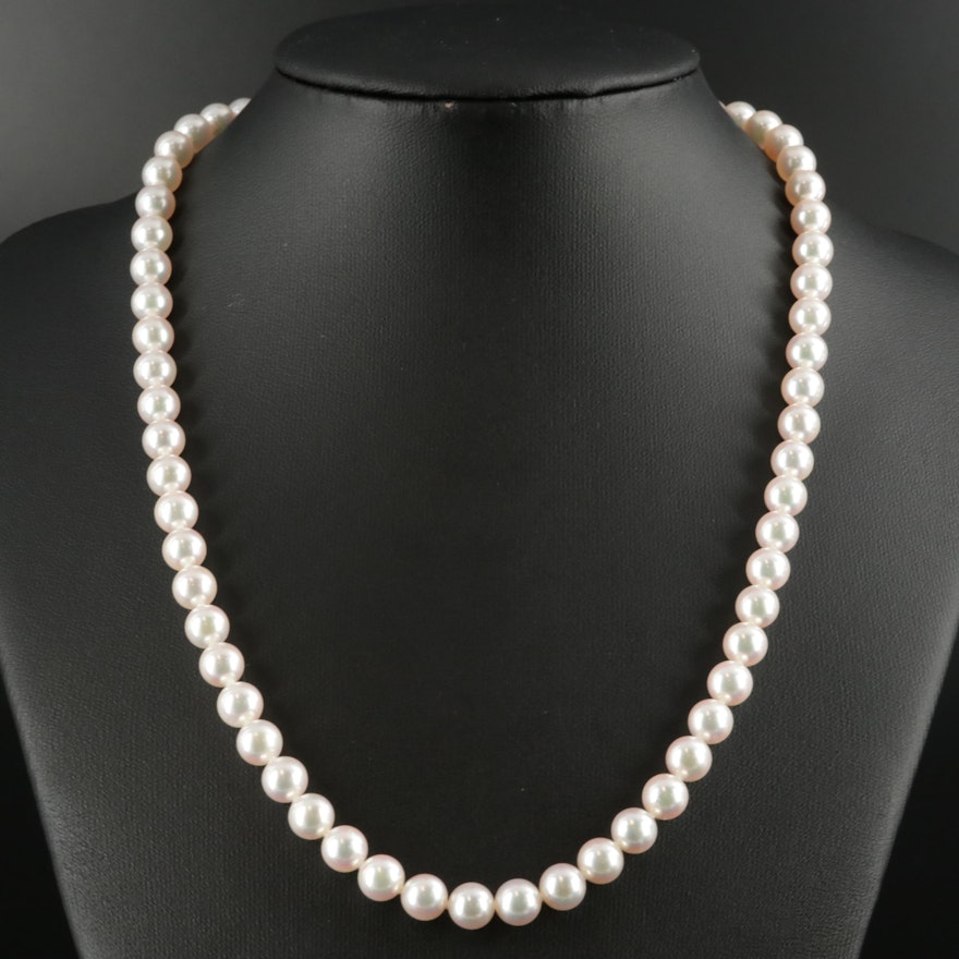 Mikimoto Cultured Pearl Necklace with 18K Clasp, Folder, Box and Papers