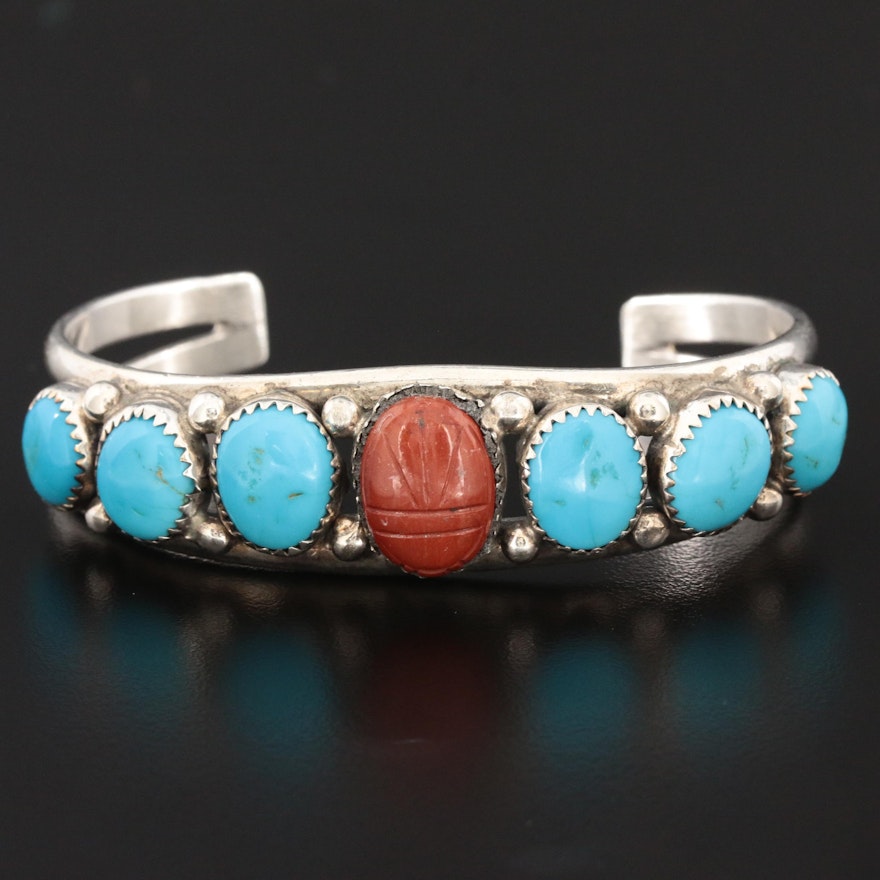 Southwestern Style Sterling Silver Turquoise and Coral Cuff Bracelet