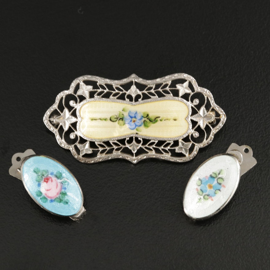 Vintage Sterling Silver Guilloché Enamel Brooch and Clips