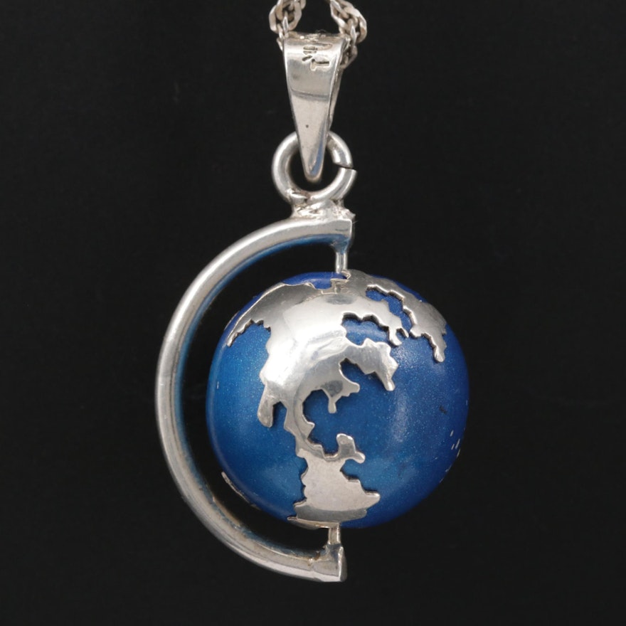 Sterling Silver Enamel Spinning Chime Globe Pendant Necklace