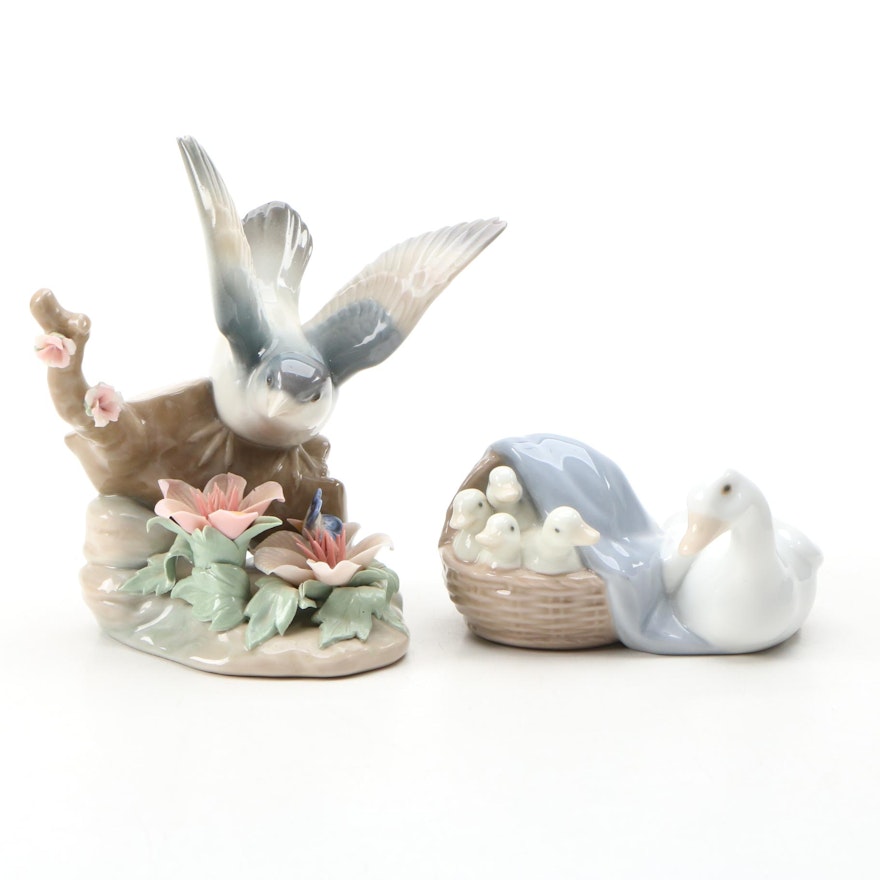 Lladró "Ducklings" and "Bird with Butterfly" Porcelain Figurines