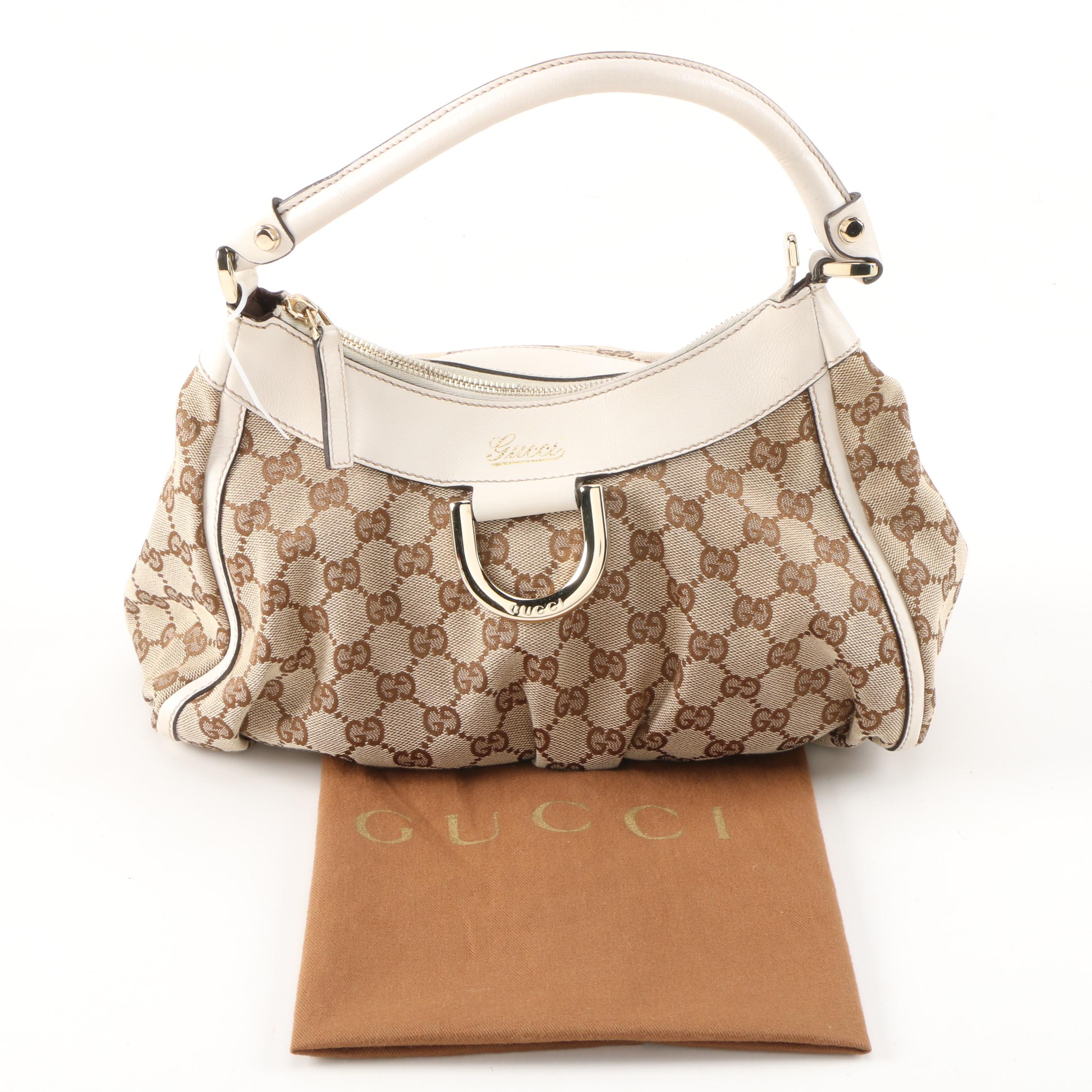 Gucci Abbey D-Ring GG Canvas and White Leather Hobo Bag