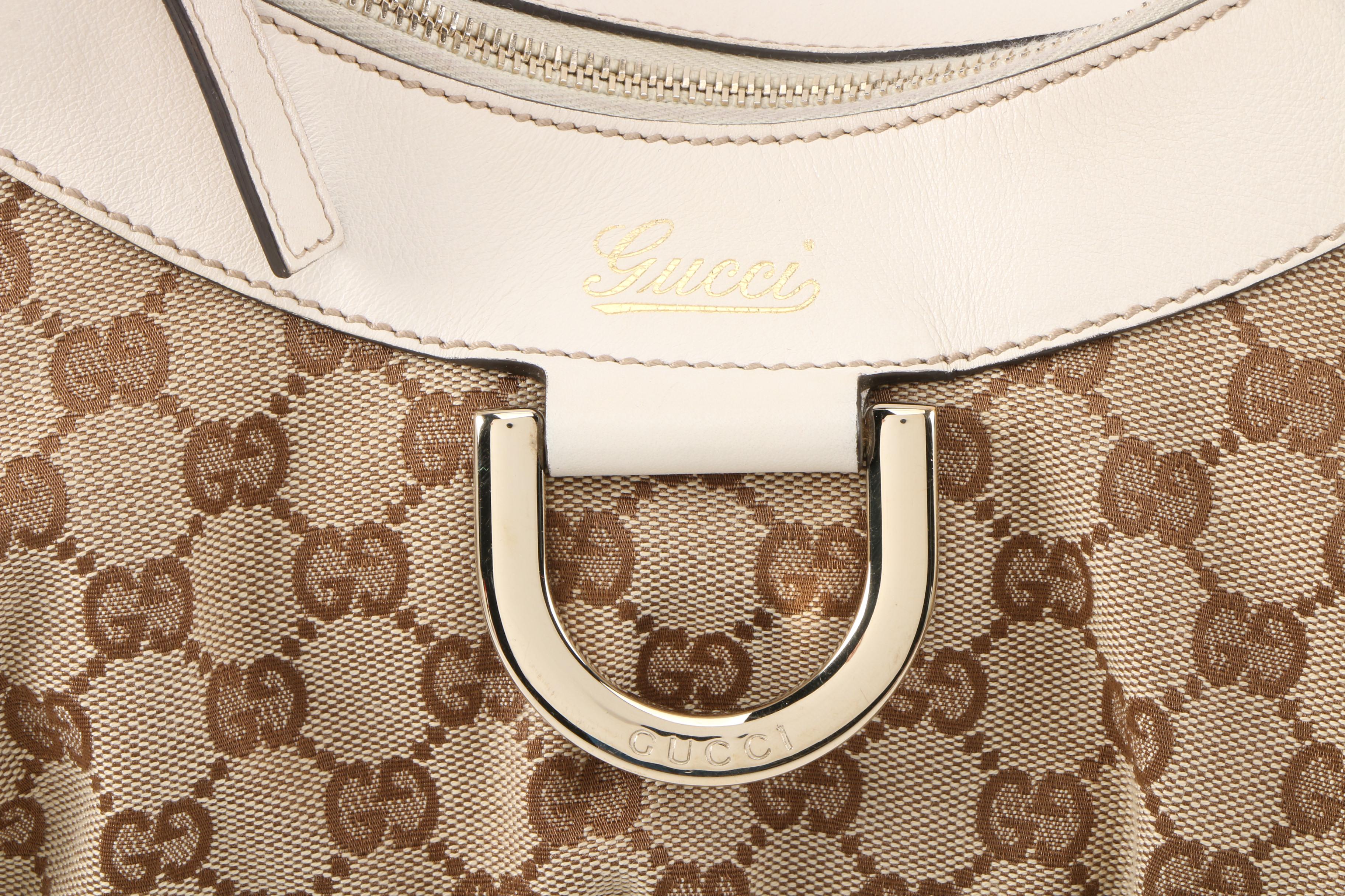 Gucci Abbey D-Ring GG Canvas and White Leather Hobo Bag
