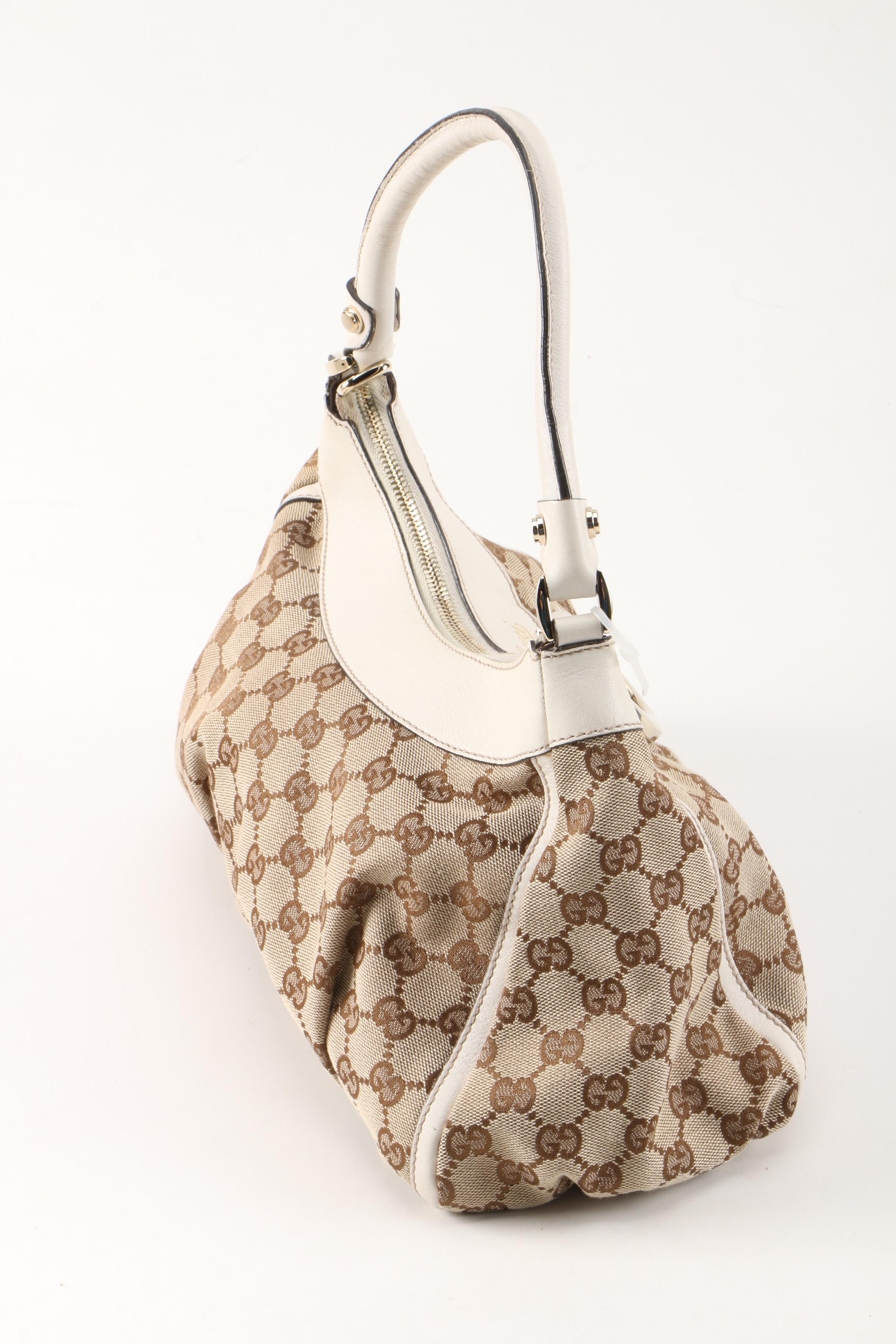 Gucci Abbey D-Ring GG Canvas and White Leather Hobo Bag