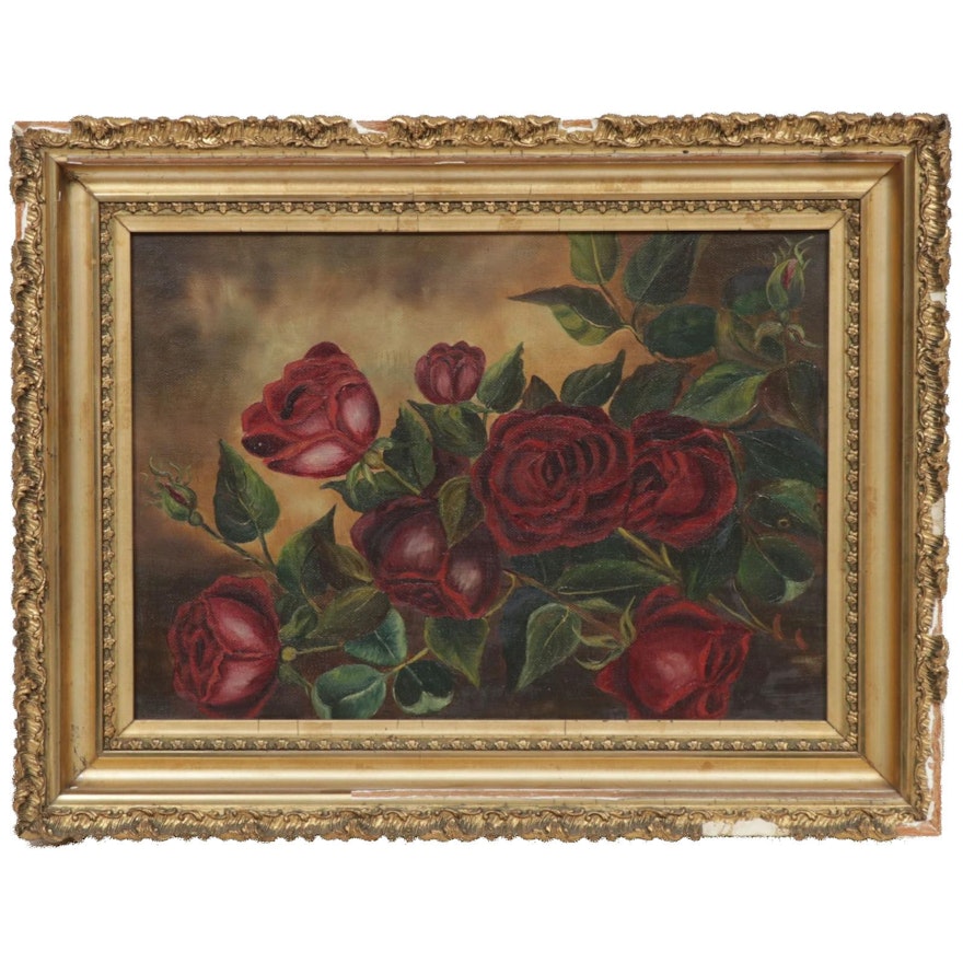 American School Still Life with Roses Oil Painting, Late 19th Century