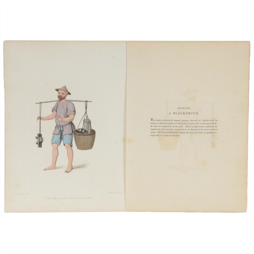 Hand Colored Engraving "The Blacksmith" after Pu-Qua, circa 1820