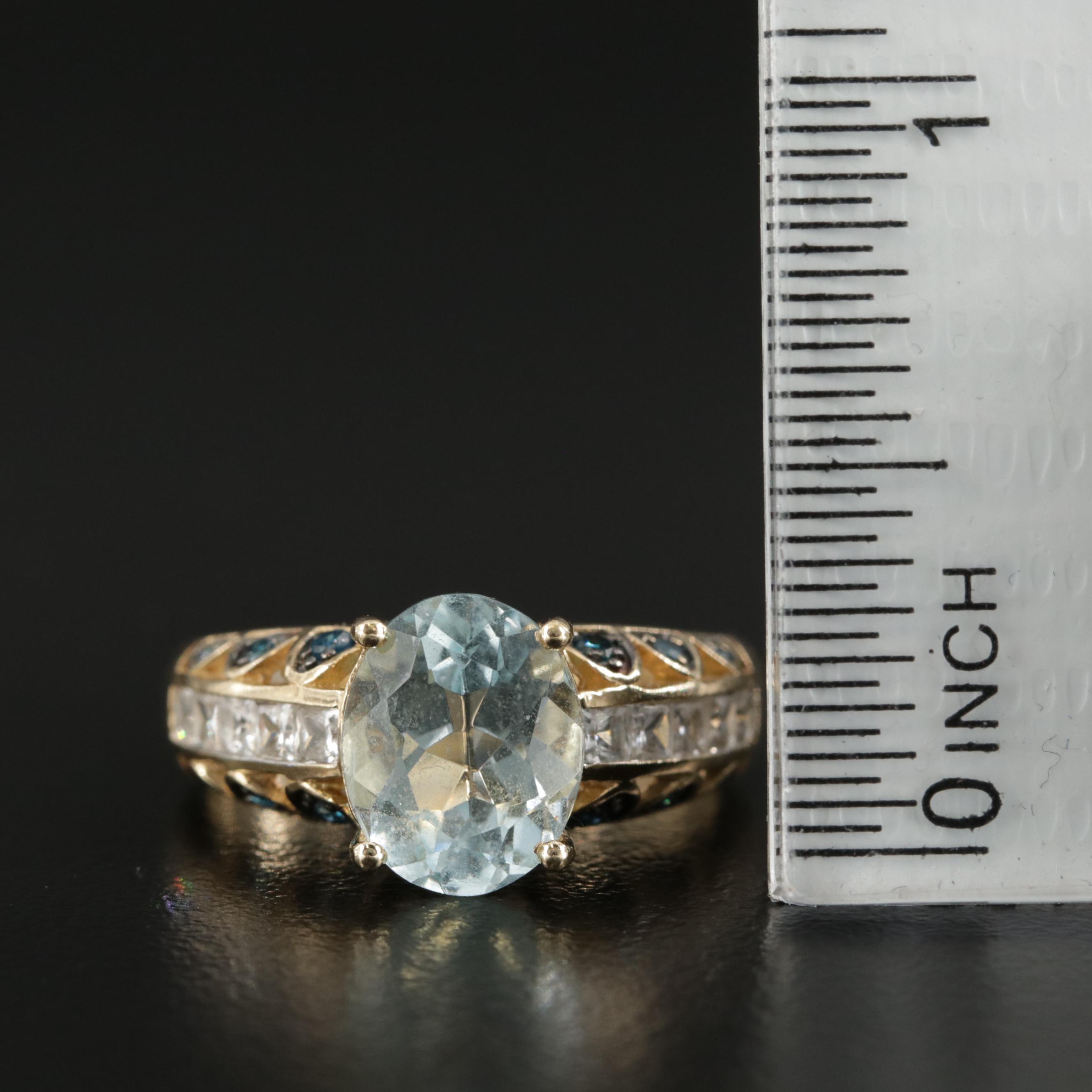 10K Yellow Gold Aquamarine, Blue Topaz and Sapphire Ring