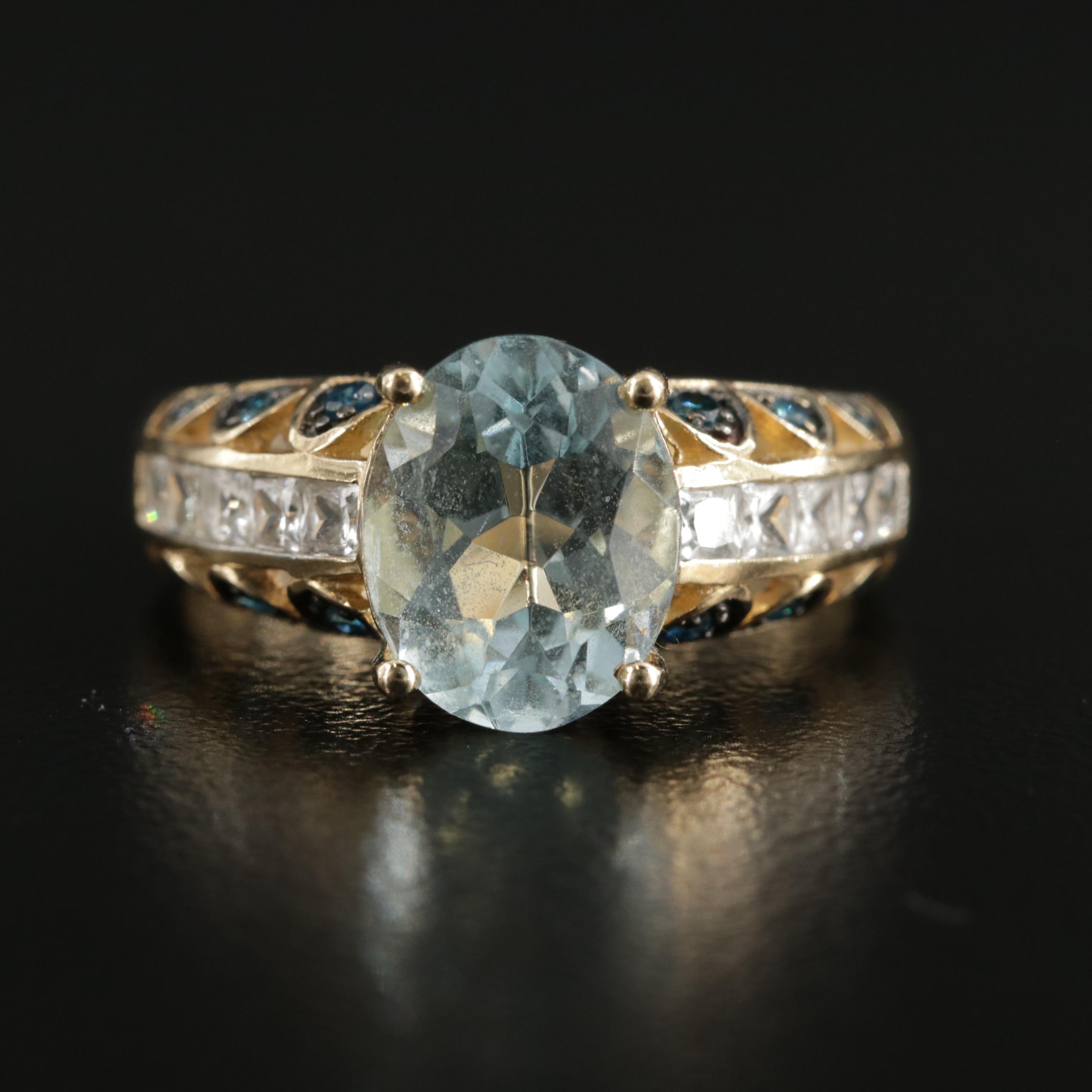 10K Yellow Gold Aquamarine, Blue Topaz and Sapphire Ring