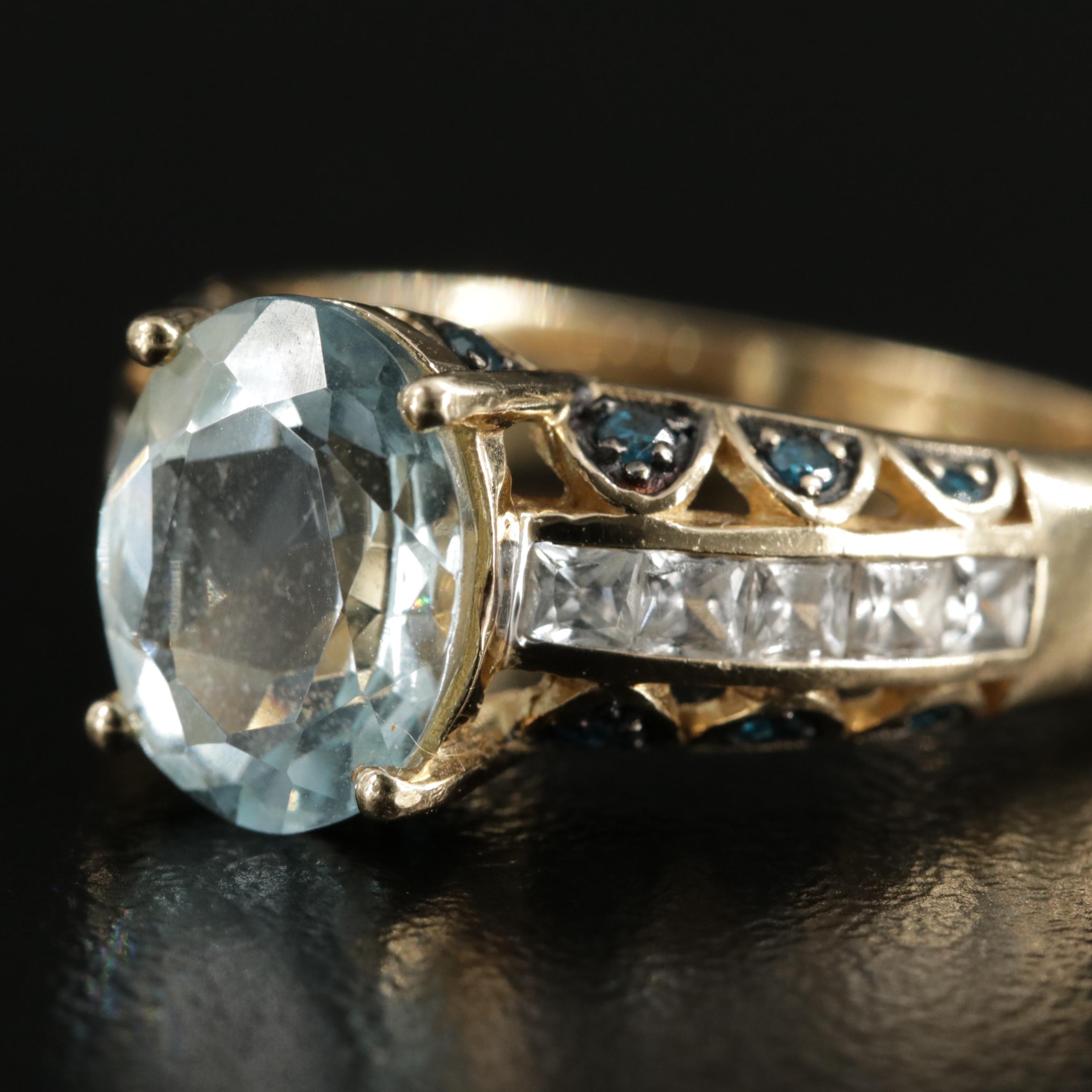 10K Yellow Gold Aquamarine, Blue Topaz and Sapphire Ring