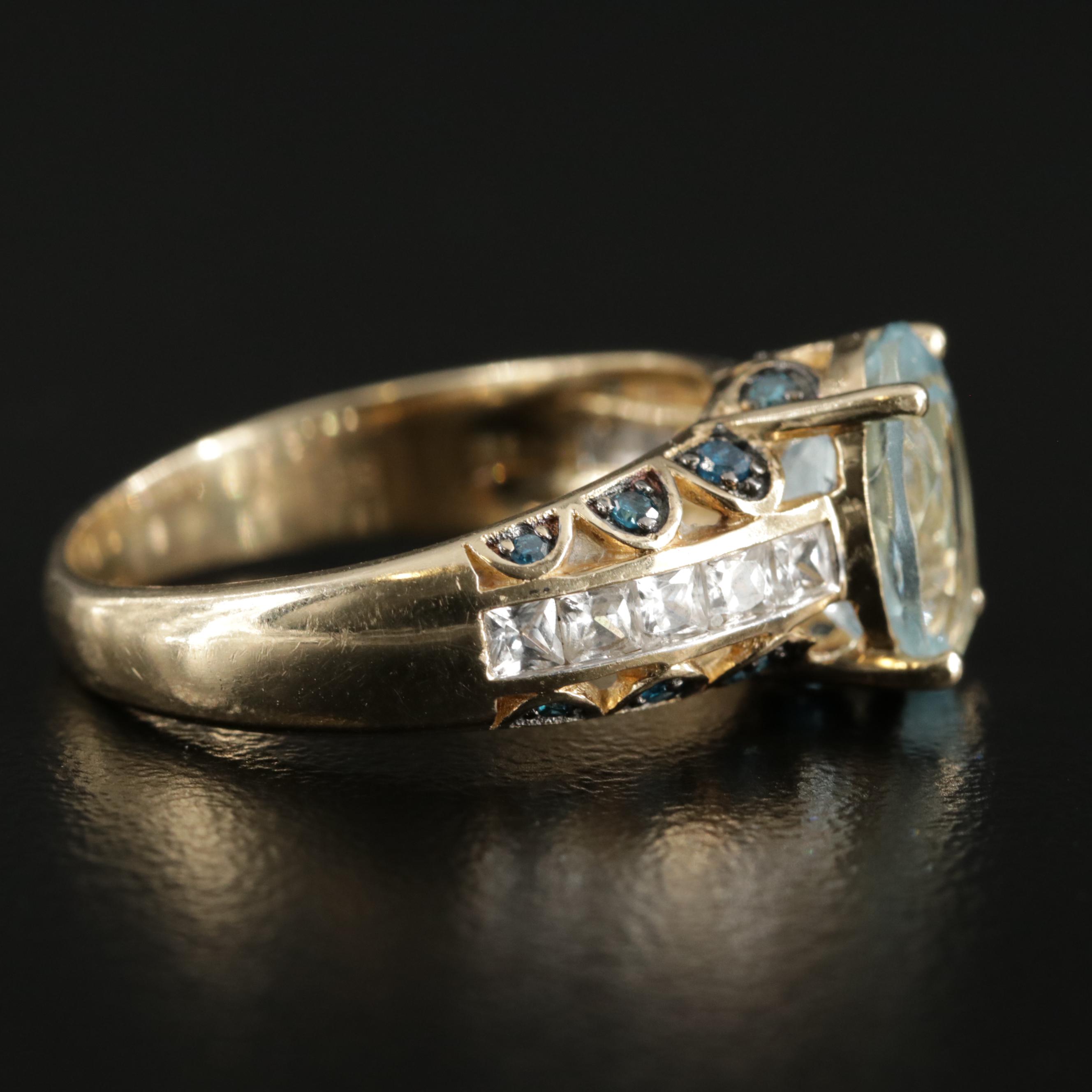 10K Yellow Gold Aquamarine, Blue Topaz and Sapphire Ring