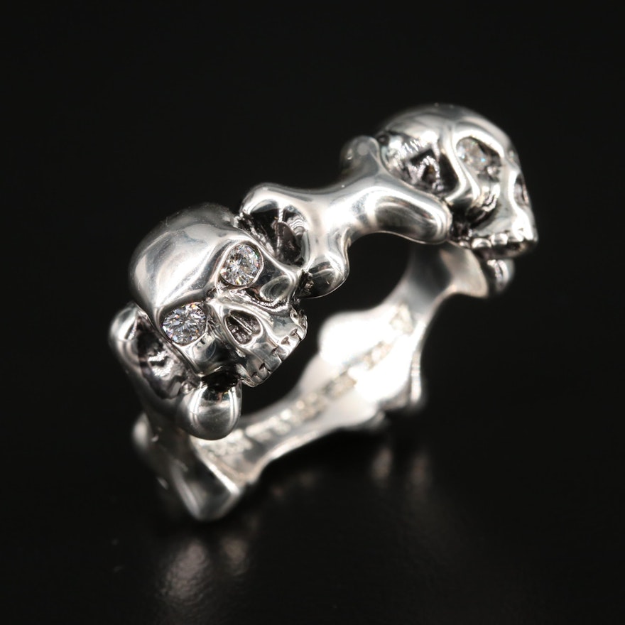 Stephan Webster Skull and Bones Sterling Silver Diamond Ring