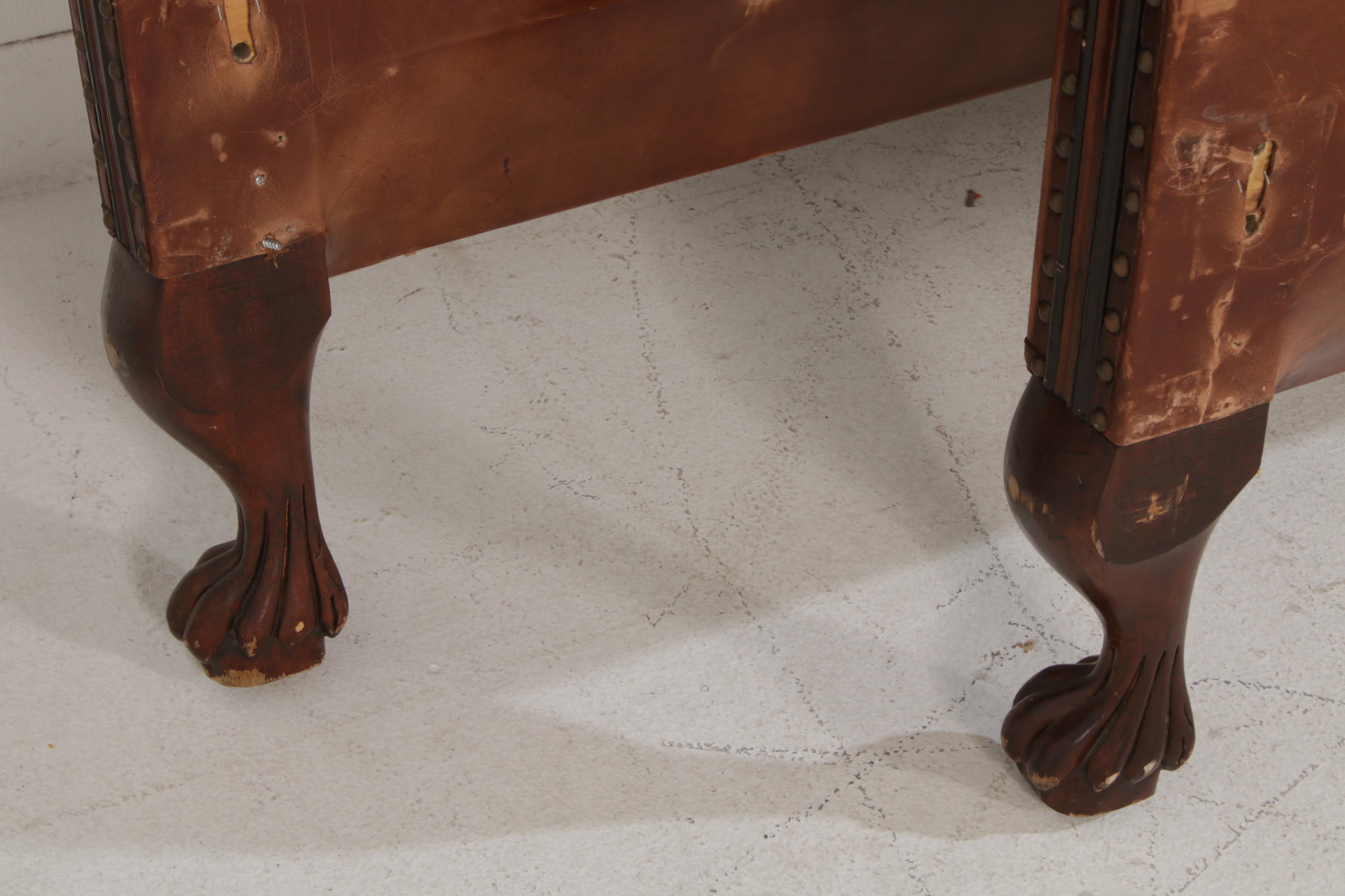 Ralph Lauren King Size Cognac Leather Upholstered Claw Foot Sleigh Bed Frame