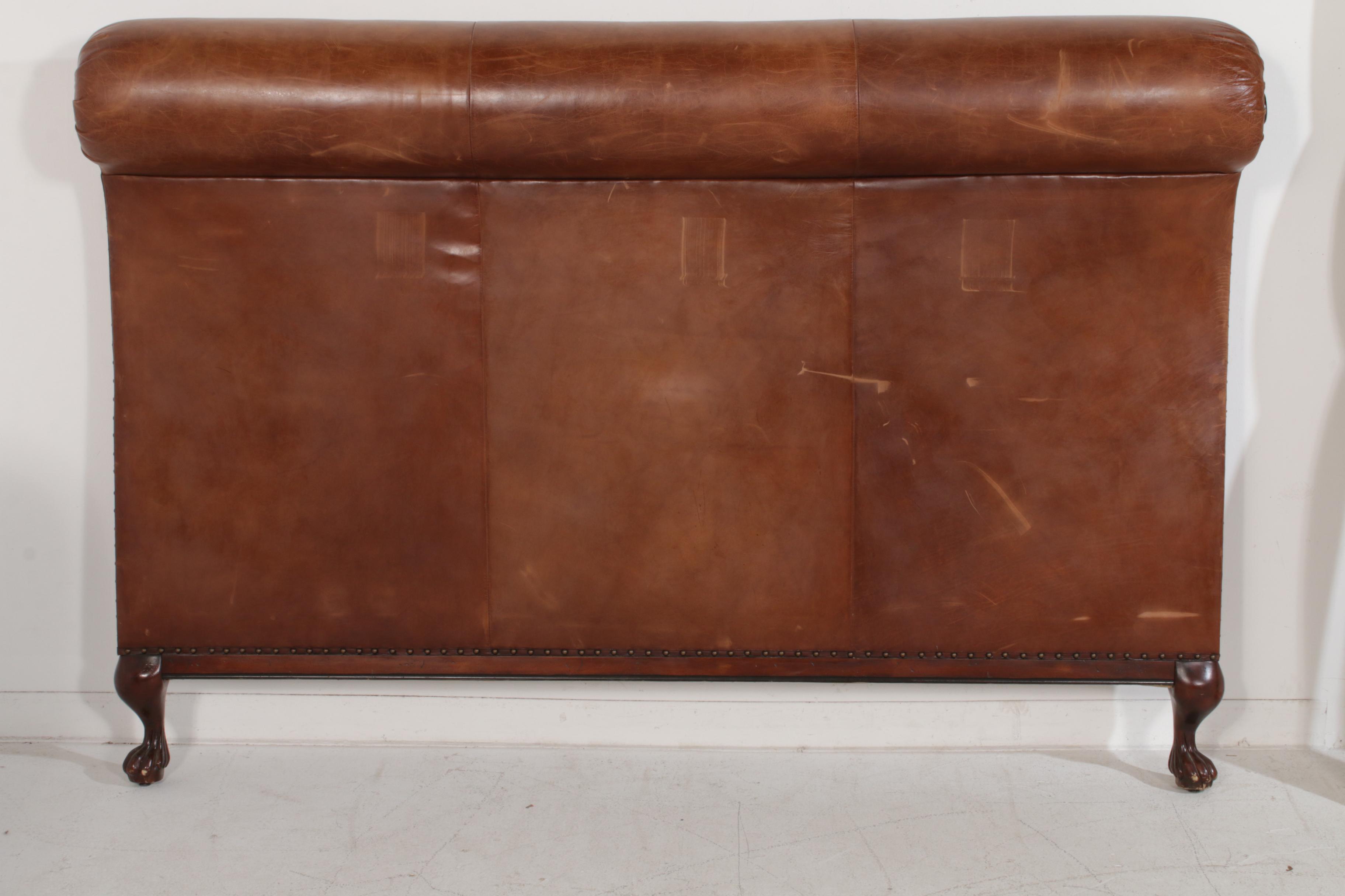 Ralph Lauren King Size Cognac Leather Upholstered Claw Foot Sleigh Bed Frame