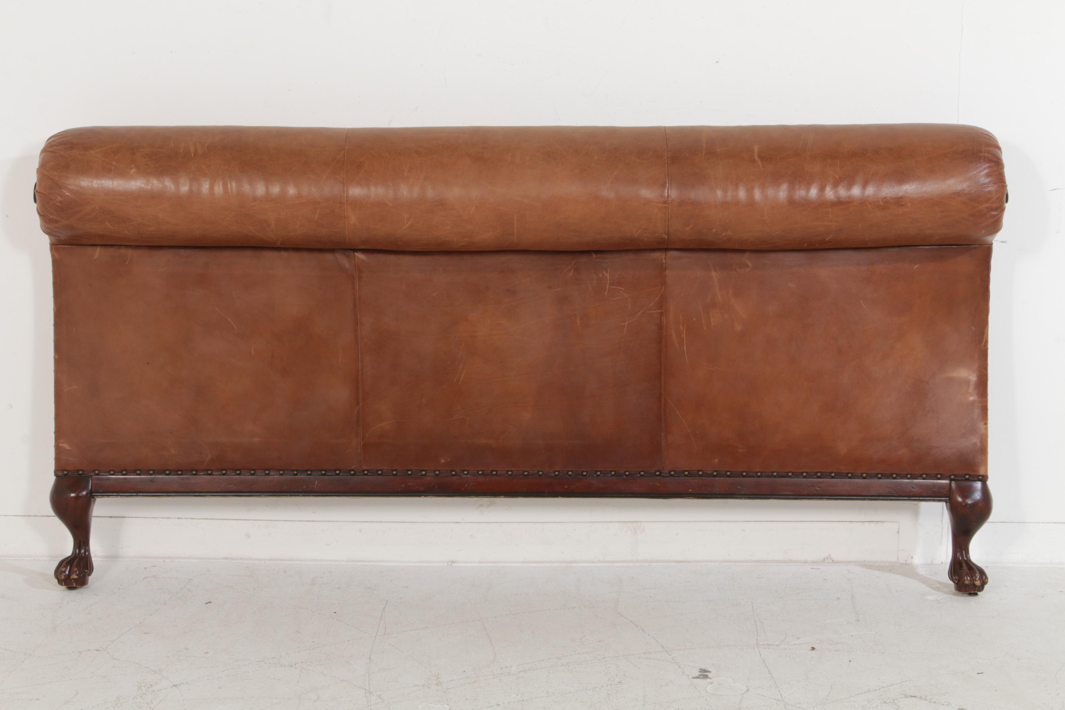 Ralph Lauren King Size Cognac Leather Upholstered Claw Foot Sleigh Bed Frame