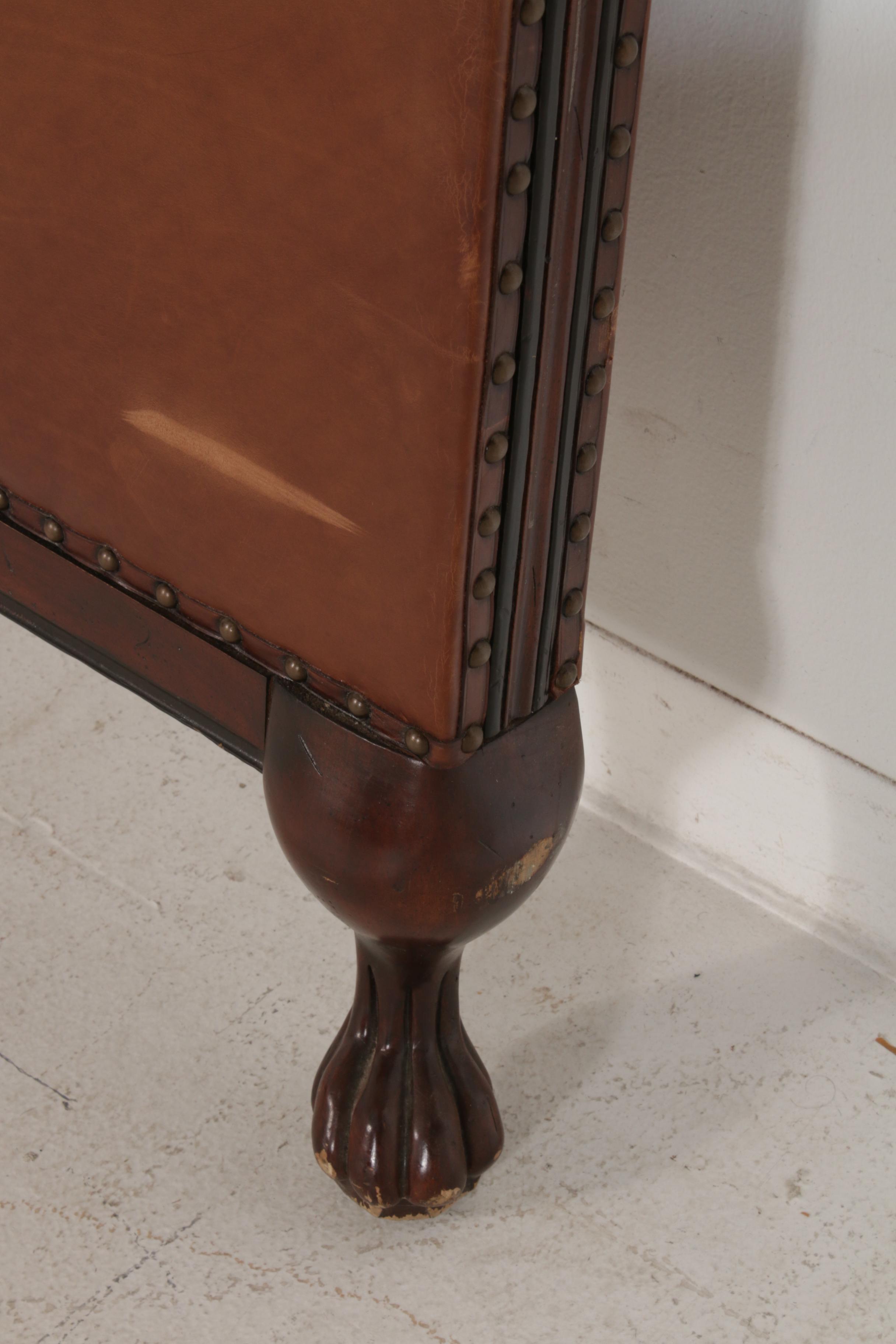 Ralph Lauren King Size Cognac Leather Upholstered Claw Foot Sleigh Bed Frame