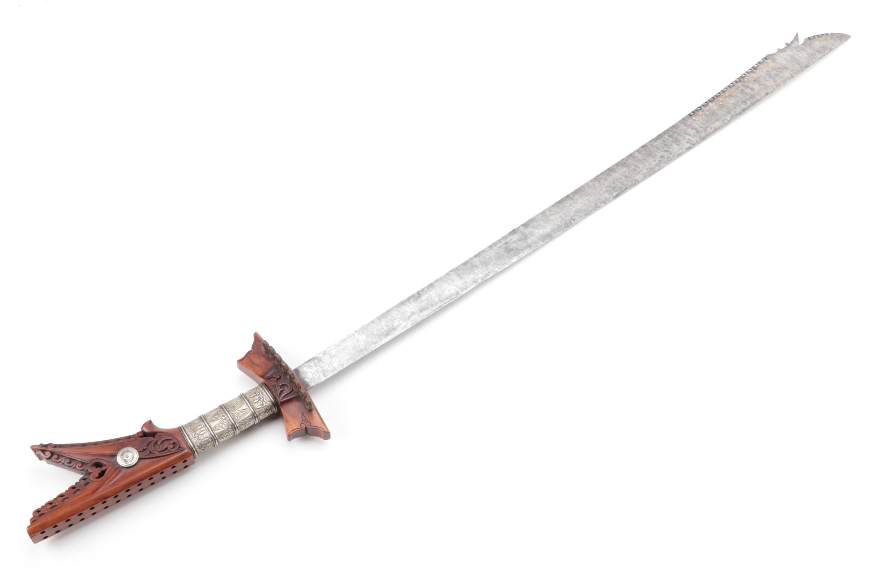Philippine Moro 'Kampilan' Long Sword with Carved Wood Scabbard