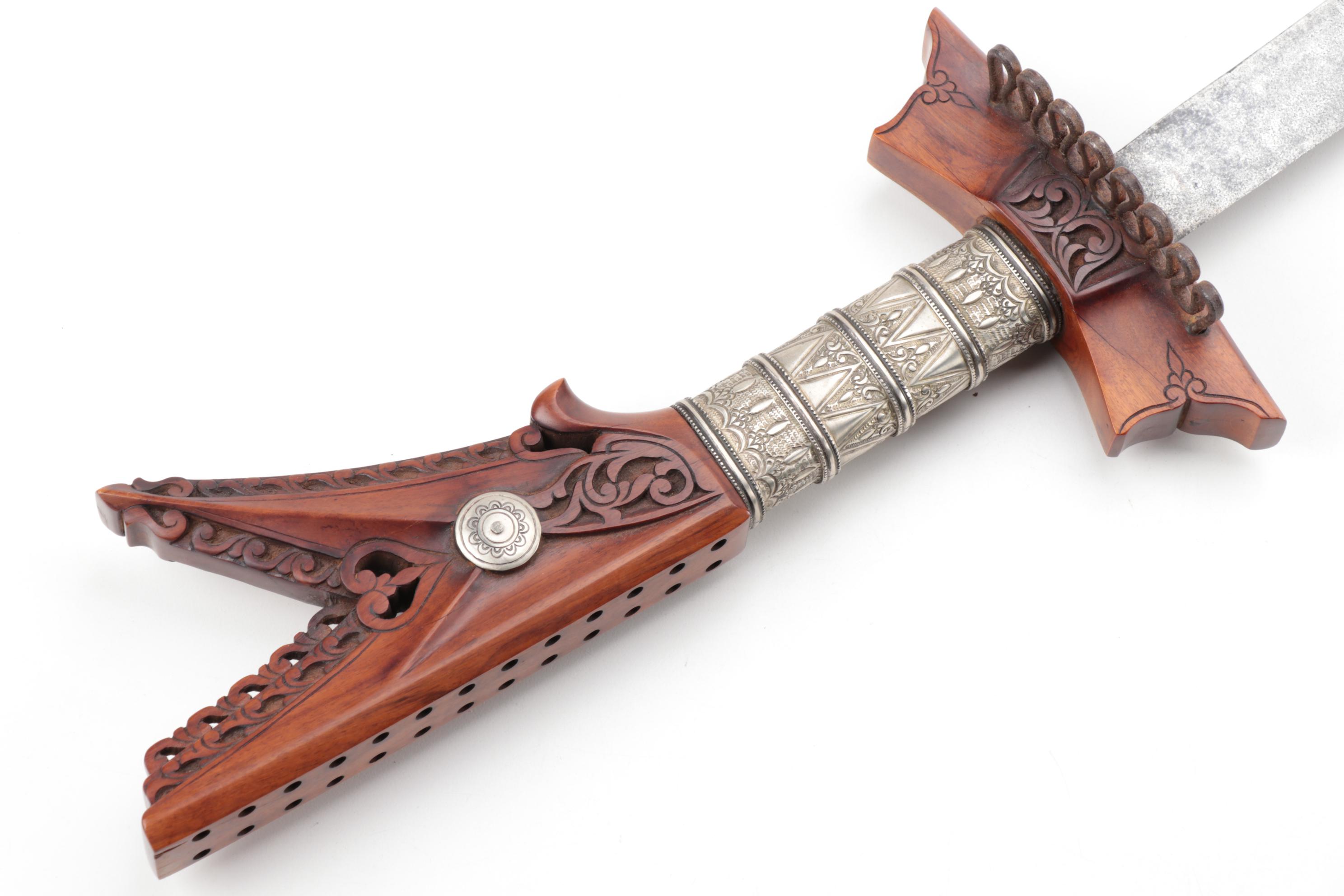 Philippine Moro 'Kampilan' Long Sword with Carved Wood Scabbard
