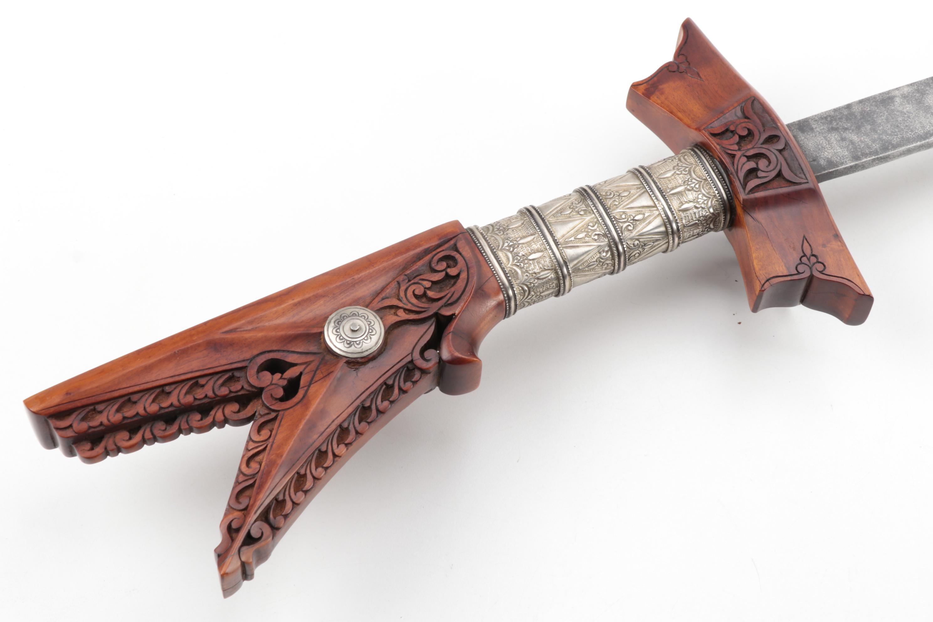 Philippine Moro 'Kampilan' Long Sword with Carved Wood Scabbard