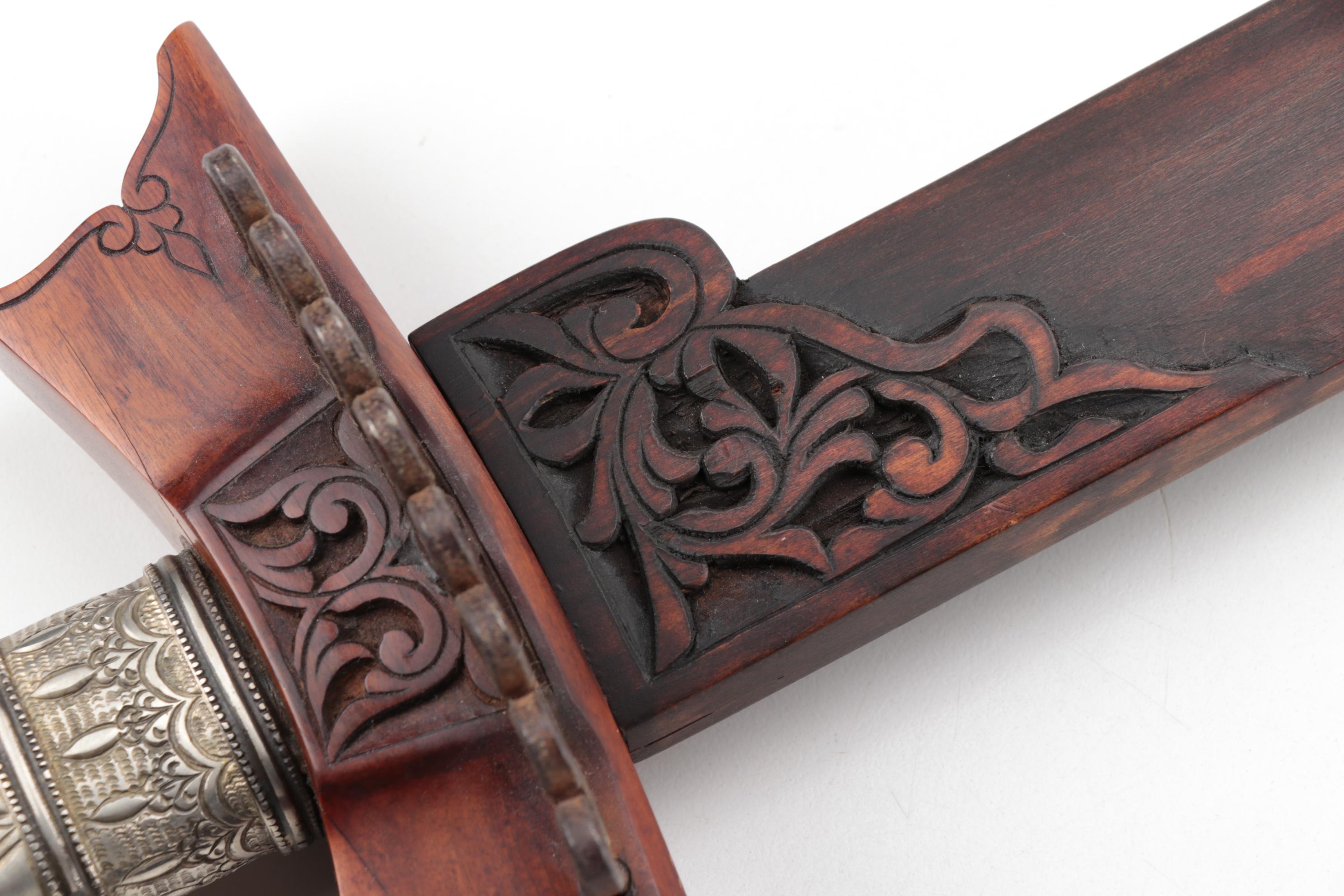 Philippine Moro 'Kampilan' Long Sword with Carved Wood Scabbard