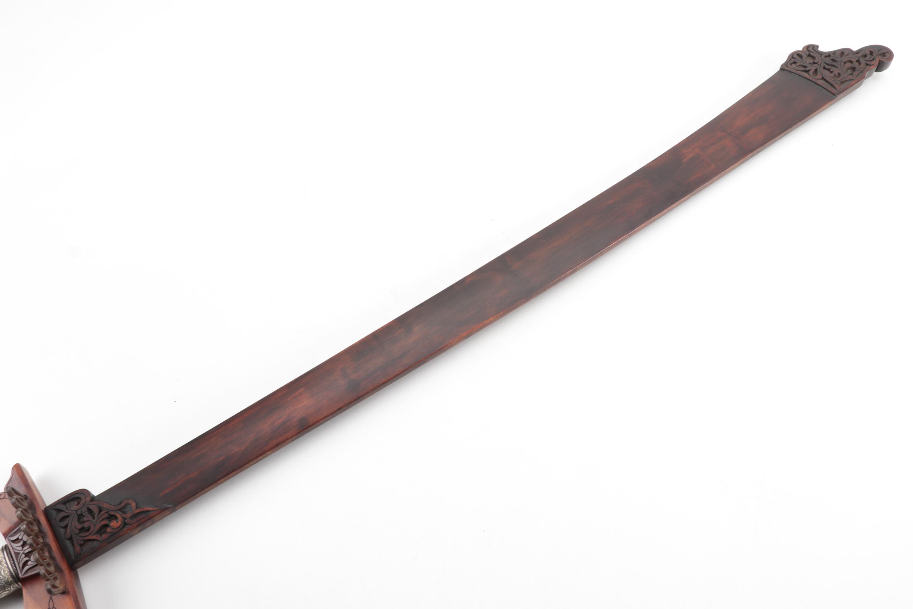 Philippine Moro 'Kampilan' Long Sword with Carved Wood Scabbard