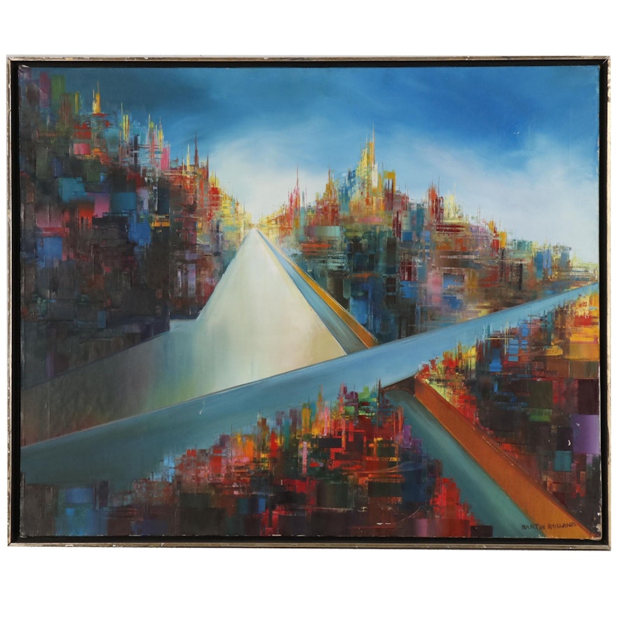 Martin Rolland Abstract Cityscape Oil Painting, Mid 20th Century
