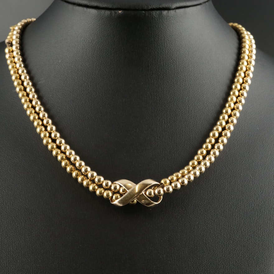 14K Yellow Gold Infinity Slide Pendant on Beaded Chain Necklace