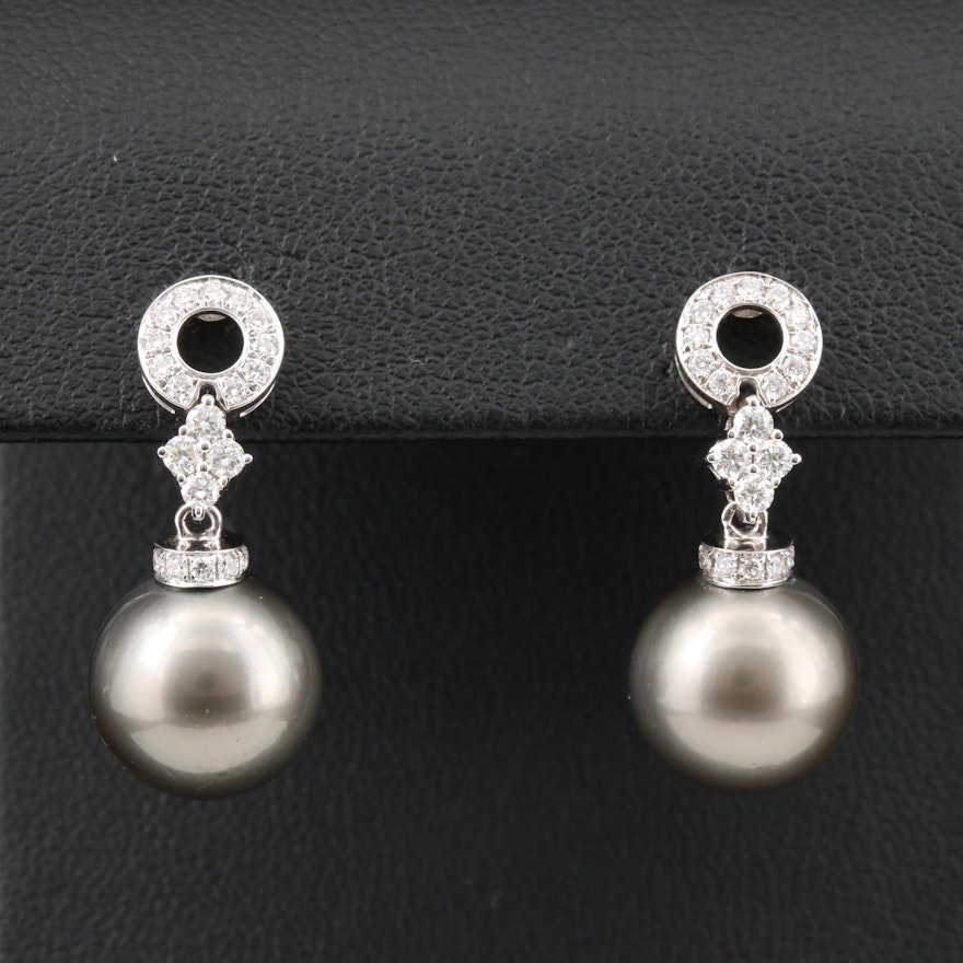 18K White Gold Pearl and Diamond Drop Earrings