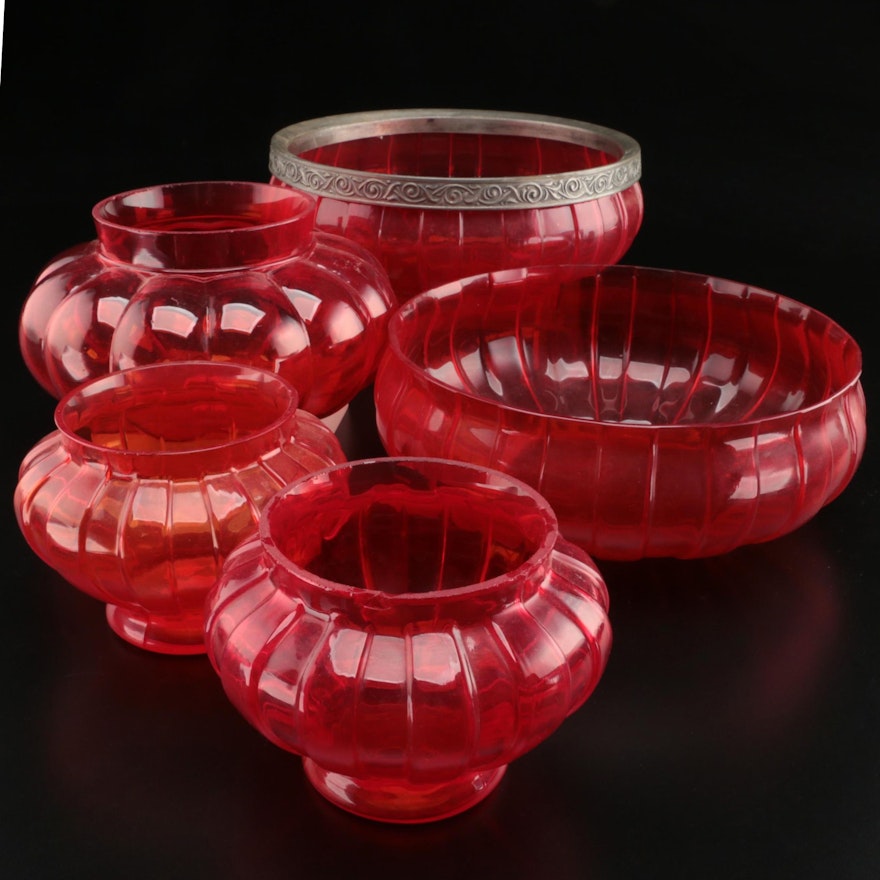 "Torquay" and "Bulging Loops" Pigeon Blood Glass Vases and Bowls