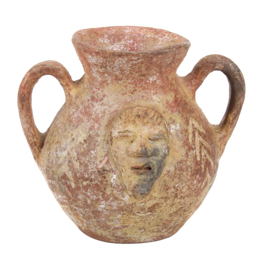 Stonewear Double-Handled Jug with Face Designs