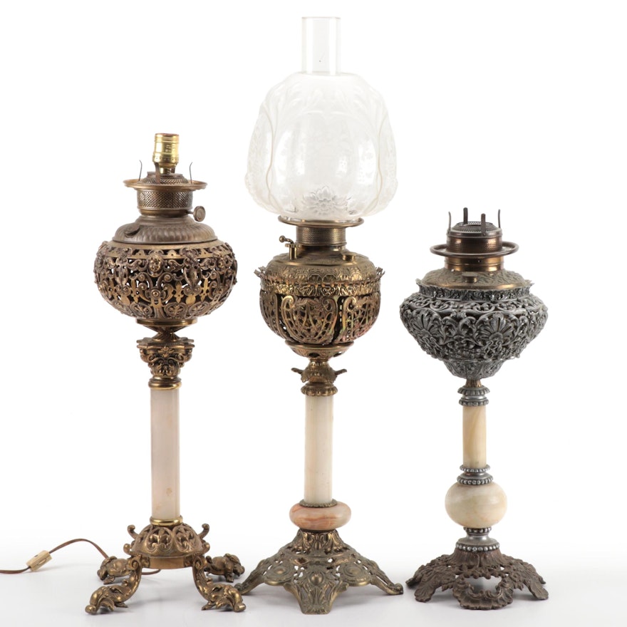 American Victorian Cast Metal and Stone Parlor Lamps, Early 20th Century