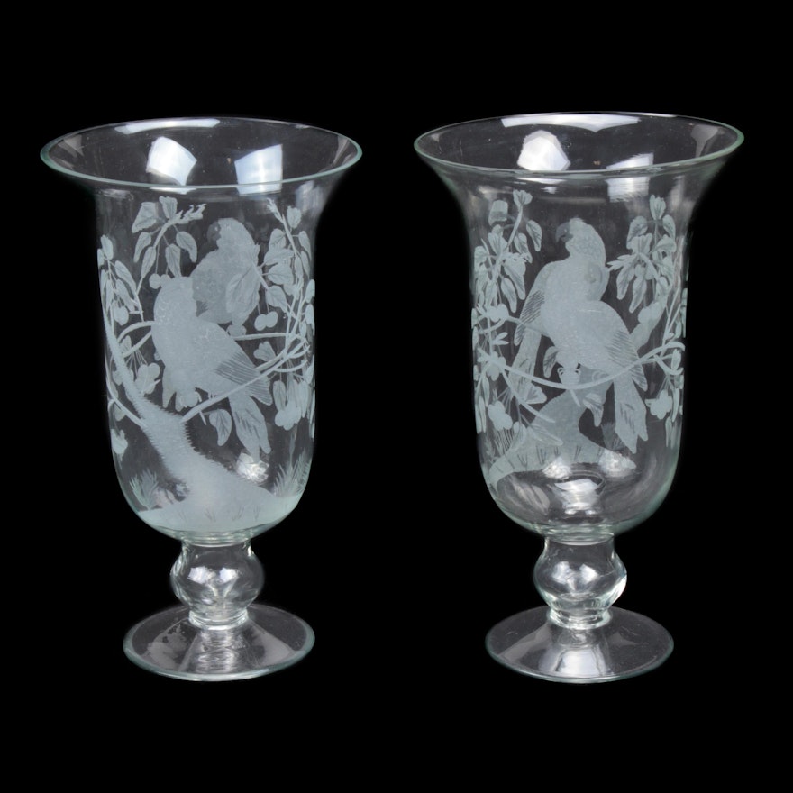 Etched Glass Vases with Parrot and Floral Motifs