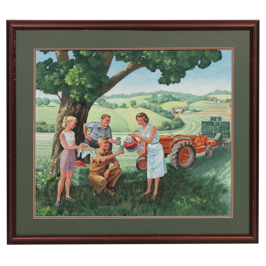 1950's Style Farm Scene Gouache Illustration Painting