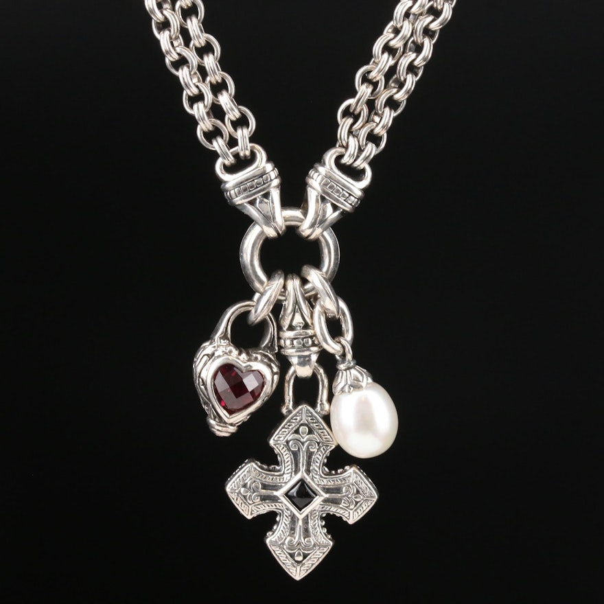 Scott Kay Sterling Silver Pearl, Garnet and Black Onyx Charm Necklace