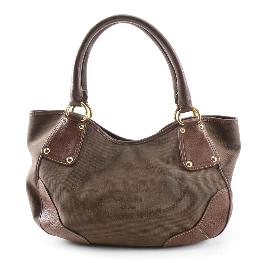 Prada Brown Canapa Canvas and Vitello Daino Leather Shoulder Bag