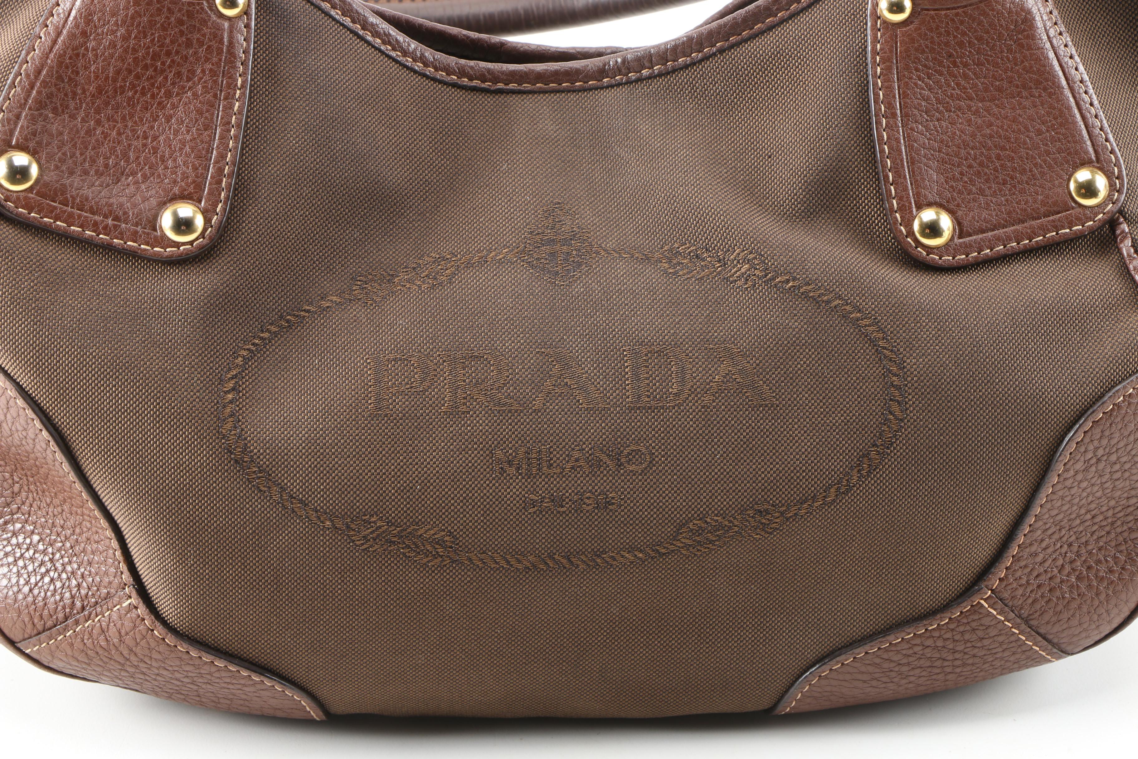 Prada Brown Canapa Canvas and Vitello Daino Leather Shoulder Bag